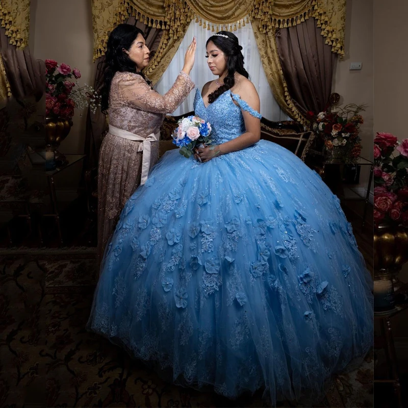 

Ball Gown Light Blue Quinceanera Dresses Vestidos De 15 Anos With 3D Flower Tulle Sweet 16 Princess Birthday Party Gown