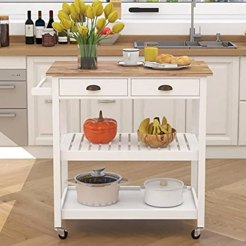 Rolling Kitchen Cart, Portable Kitchen Island Wood Top Kitchen Trolley with Drawers and Two-Tier Open Shelf