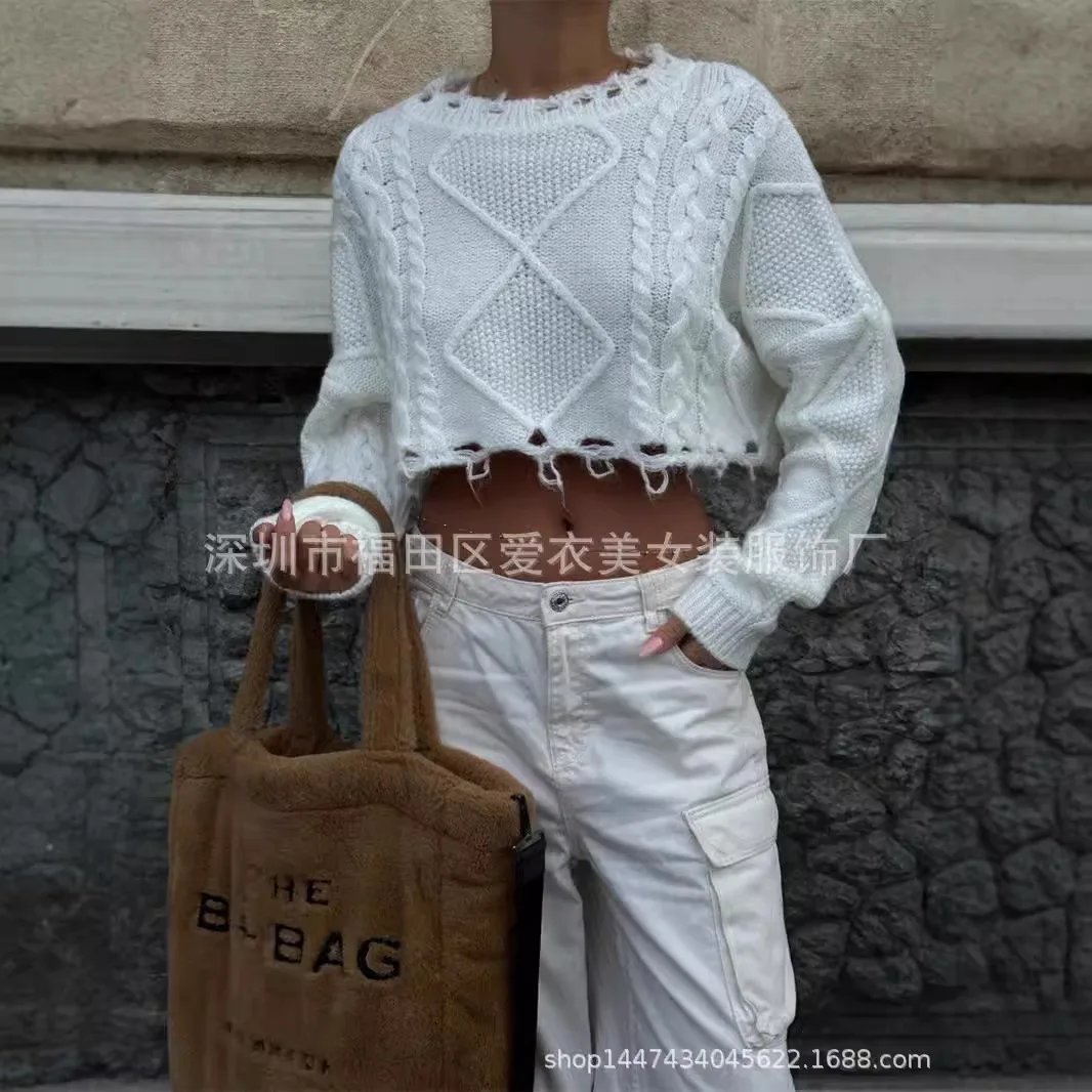 Autumn And Winter Fashion New Round Neck Solid Color Twisted Rope Ripped Short Long-sleeved Sweater