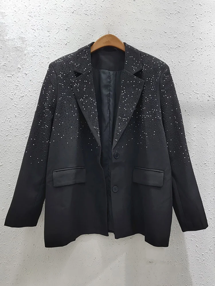 DEAT Women's Blazer Notched Collar Long Sleeves Full Diamonds Rhinestone Elegant Suit Jackets 2025 Spring New Fashion 29L7698