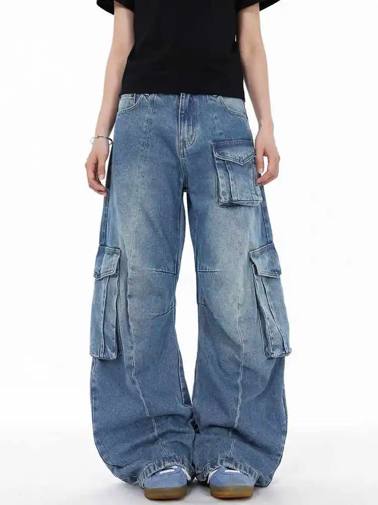 

Women Blue Y2k Baggy Cargo Jeans Harajuku 90s Vintage Denim Trousers Japanese 2000s Style Wide Leg Jeans Pants Oversize Clothes