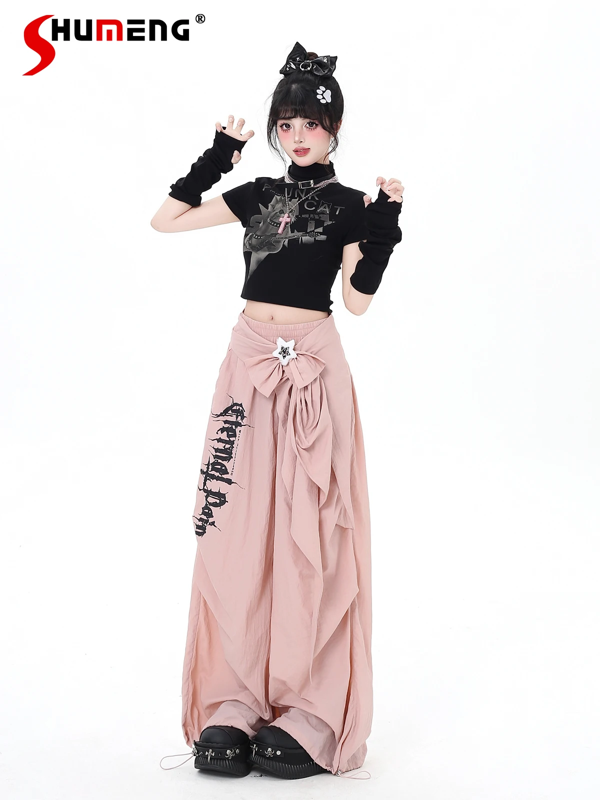 

Original Fashion Streetwear Subculture Sweet Cool Girl Cargo Pants Elastic High Waist Bow Loose Wide Leg Long Sweatpants Women
