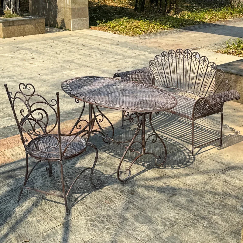 

Outer single retro old wrought iron outdoor table and chair kit terrace courtyard outdoor garden back double chair flower table
