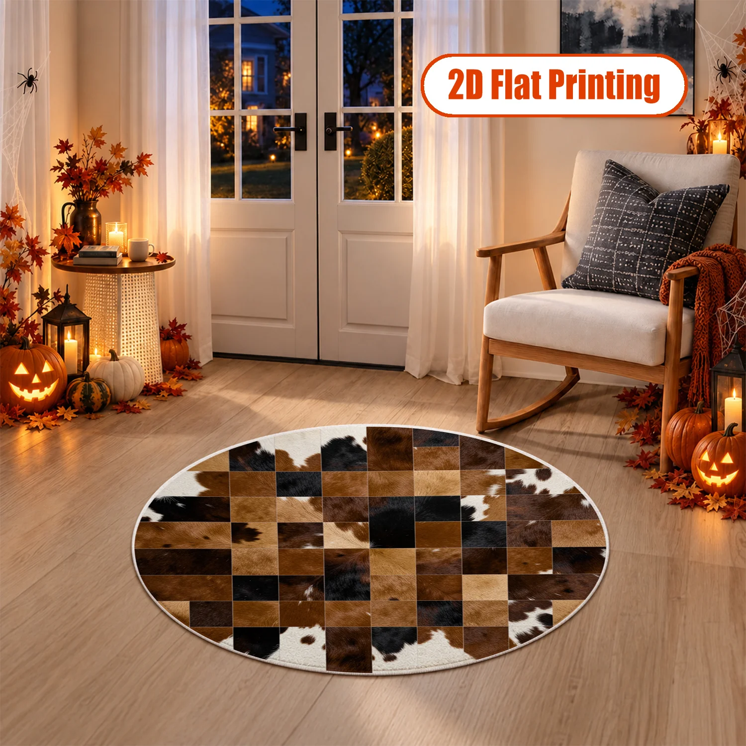 Cowhide Patchwork Checkered Round Rug Velvet Machine Washable Soft Durable For Living Room Bedroom Dining Room Entryway Halloween Thanksgiving Black Friday Christmas New Year