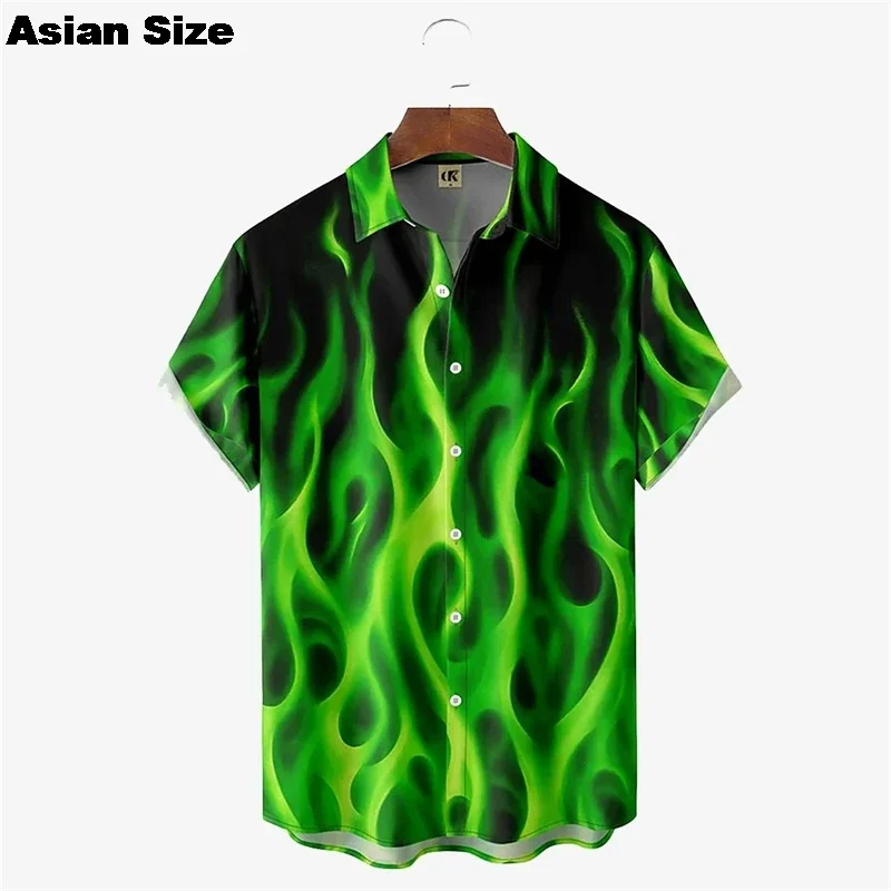 025 Fashion Beach Vacation Lapel Shirt Men's Summer Button Up Shirt 3D Flame Printed Shirt Hawaiian Casual Short Sleeved Shirt