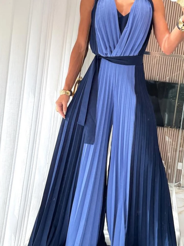 

Lady High Waist Hollow Out Playsuits Fashion Contrast Color Sleeveless Wide Leg Jumpsuits Elegant V-neck Pleated Commute Rompers