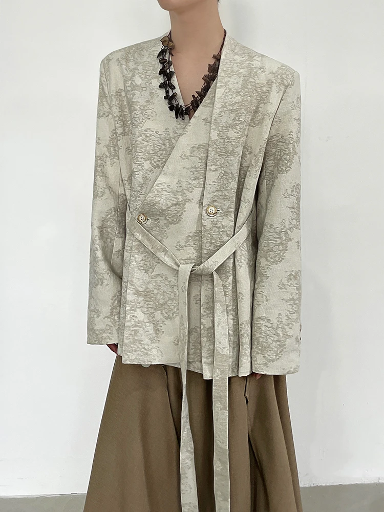 Retro Tie Drape Suit Casual Chinese Style Embroidery New Fashion Outerwear Jacket Loose Fit Long Sleeve Autumn Youth 