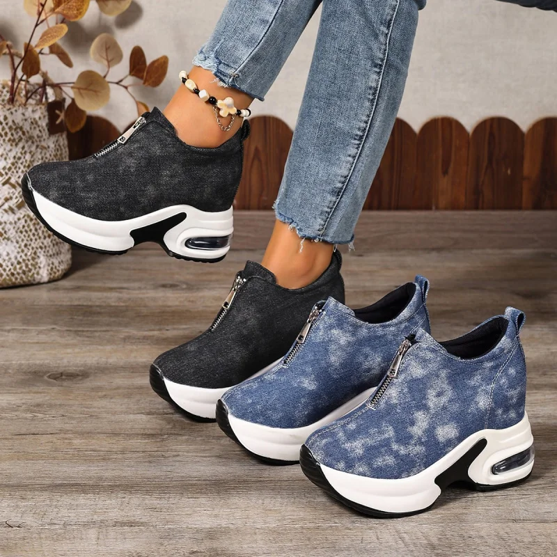

Casual Denim Cushioned Wedge Heel Shoes2025Autumn thick-soled front zipper sports running shoes for women