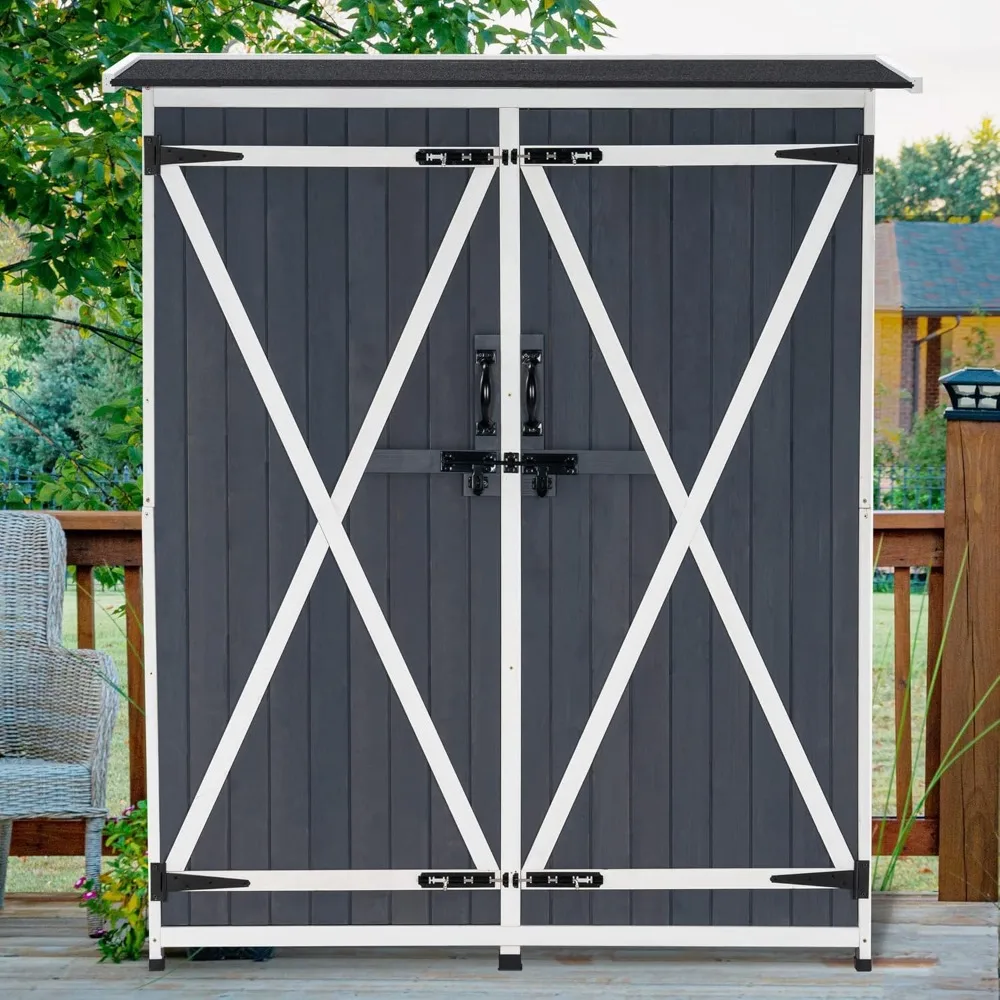 Storage Shed Backyard Utility Tools Organizer Outdoor Wooden Garden Racks Shelves with Lockers 2 Doors Home Furniture