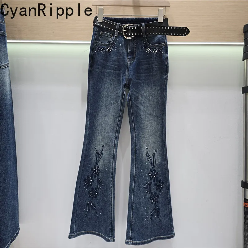 2026 New Spring Autumn Vintage Stretch High Waist Slimming Flare Jeans Women Embroidery Flowers Floor-length Blue Denim Pants