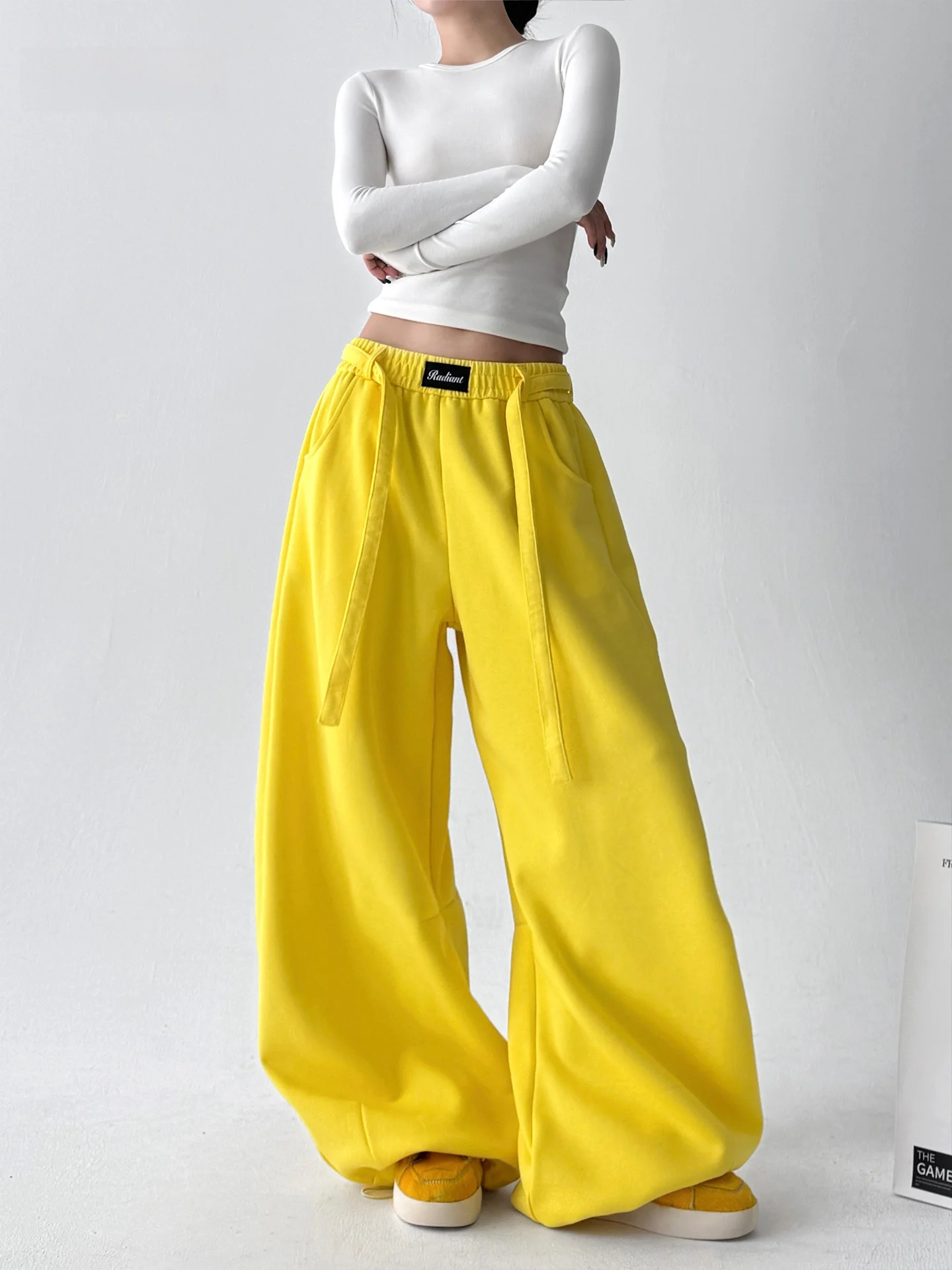 Pantalon à jambes droites et larges pour femmes, jaune, décontracté, amincissant, taille haute, mélange de coton et de Polyester