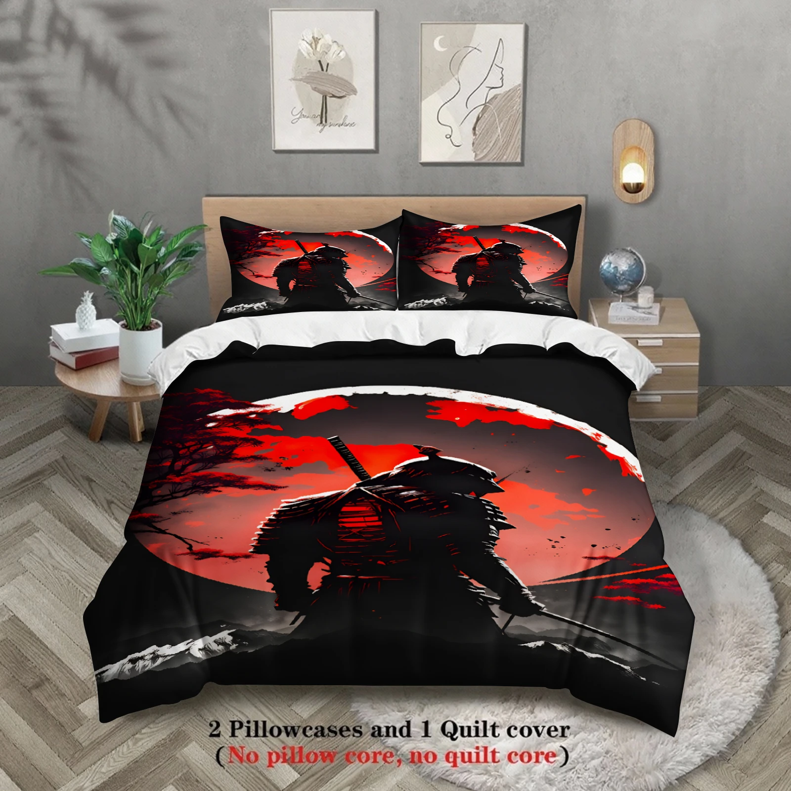 3pcs Samurai Warrior Bedding Sets 3D Printed Red Moon And Shadow Duvet Cover Sets With Pillowcases No Filling