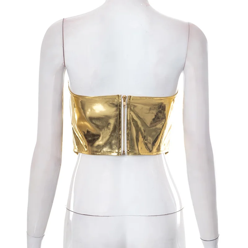 Sexy Women Shiny Gold Silver Bustier Crop Tops Bright PU Leather Crown Girdle Slimming Waist Strapless Low-cut Corset Top Summer