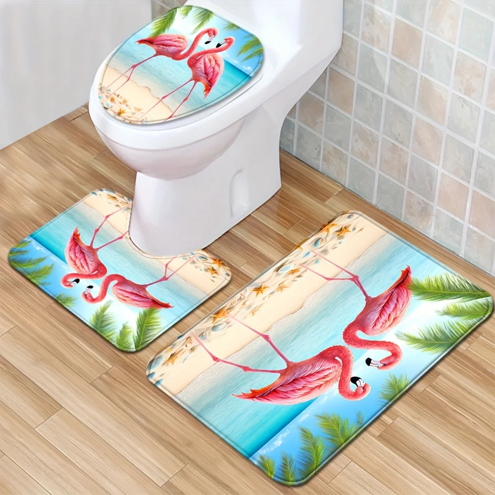 

3PC Seaside Bath Mat Set - Shell & Flamingo Print, Non-Slip Absorbent U-Shape Rug + Toilet Cover, Coastal Bathroom Decor