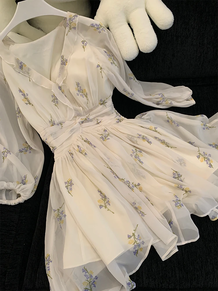 أوائل الخريف 2025 V-Ne Lantern Sve الأبيض الشيفون الأزهار طباعة الدكتور ألف خط ort تنورة عالية الخصر المطبوعة الجنية ألف خط D...