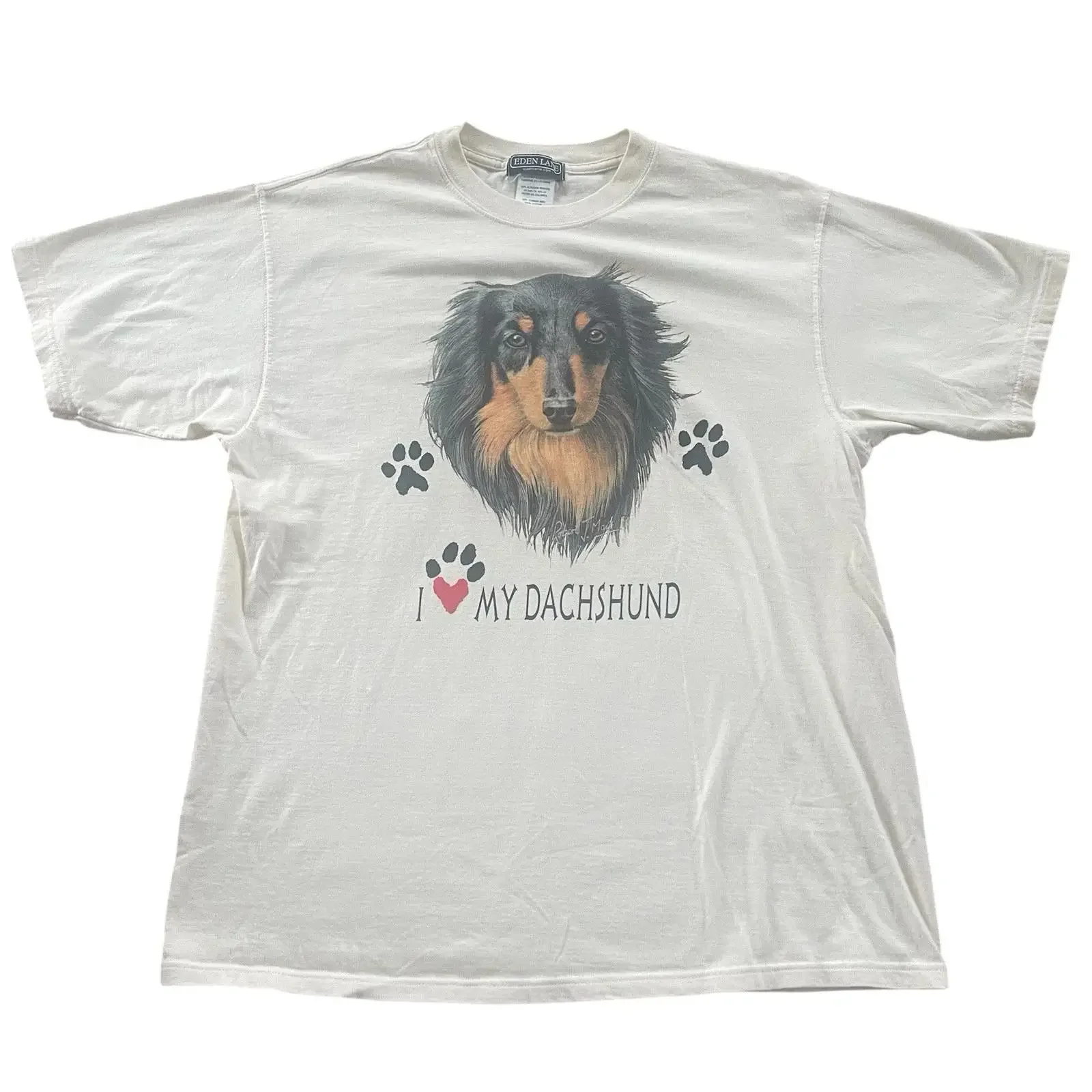I Love My Dachshund T Shirt Large Ivory Eden Lane Crew Neck S Long Hair vintage Washed Unisex streetwear Stylish fashion