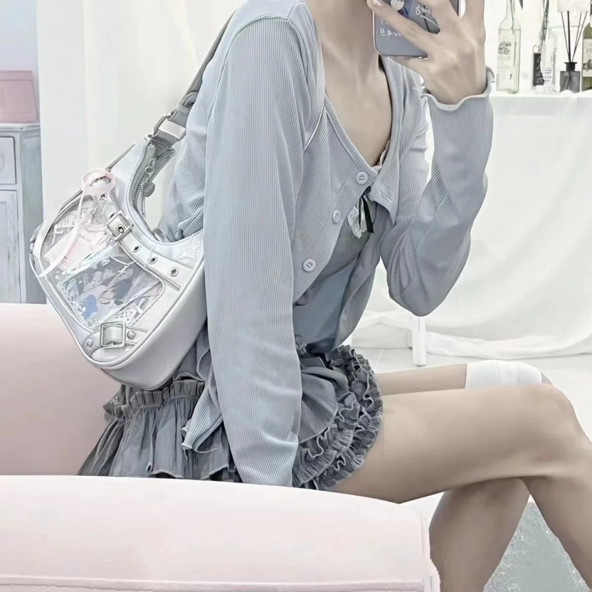 Silvery Ribbon Design Ita Bag Lolita Half Moon Ruched Silk Handbag Women Kawaii Chains Transparent Shoulder Bag Bolsos