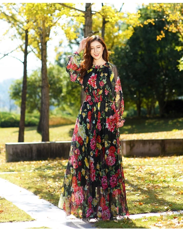 여름 휴가 꽃무늬 쉬폰 맥시 드레스와 프릴 슬리브 신축성 있는 허리 쉬폰 롱 드레스로 로맨틱한 순간을 선사합니다