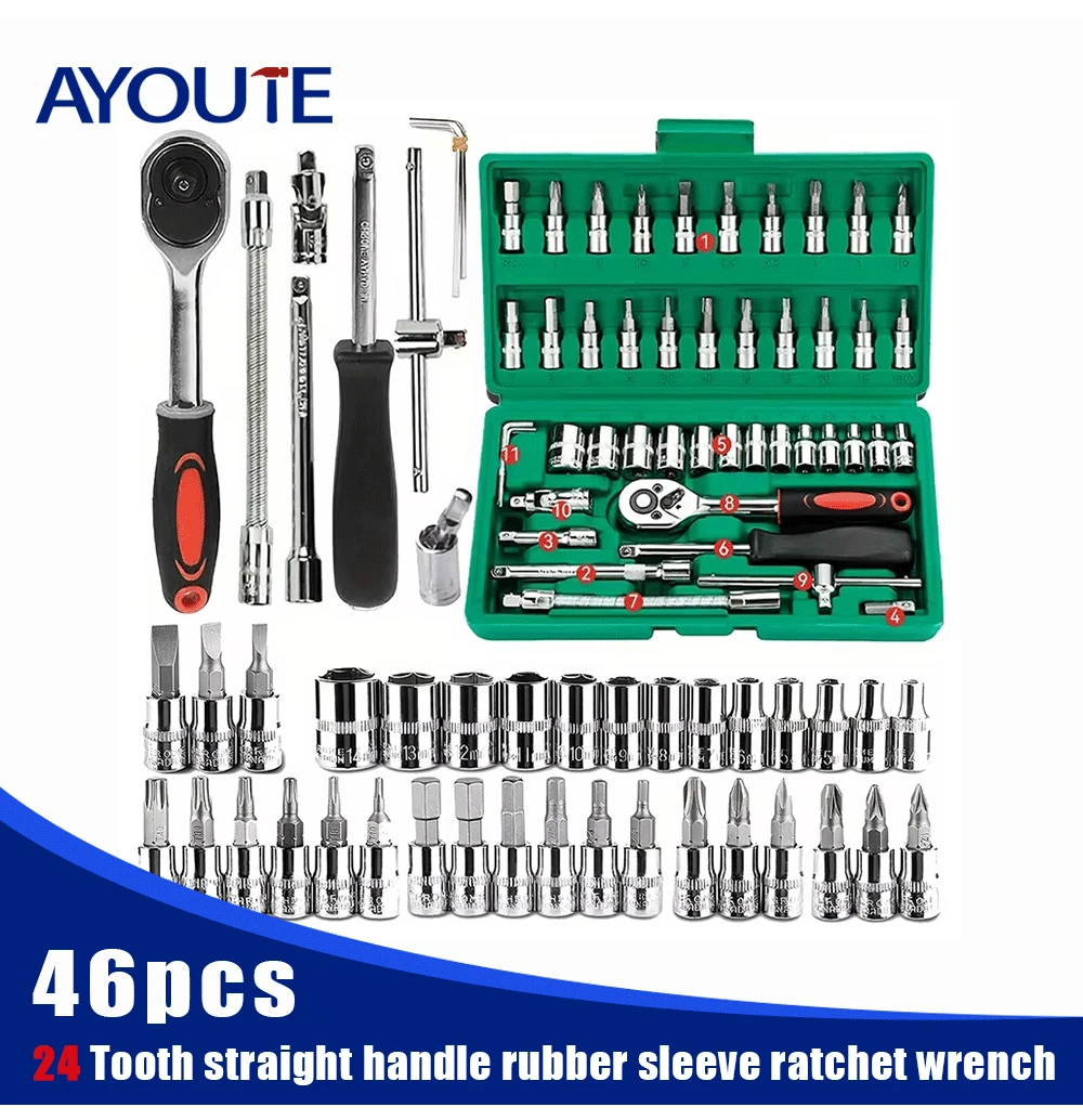 

46PCS 1/4 inch Drive Socket Ratchet Wrench Set, with Bit Socket Set Metric and Extension Bar for Auto Repairing and Household