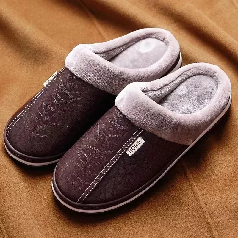 Men‘s Slippers Winter Indoor Women Warm Shoe Fashion Comfortable Waterproof PU Leather Slipper Couple Cotton Flat Shoes 2023 New