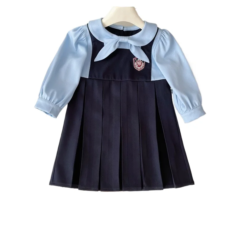 Vestido de manga larga con lazo para niña pequeña, uniforme escolar coreano de 2 a 7 años, para primavera y otoño