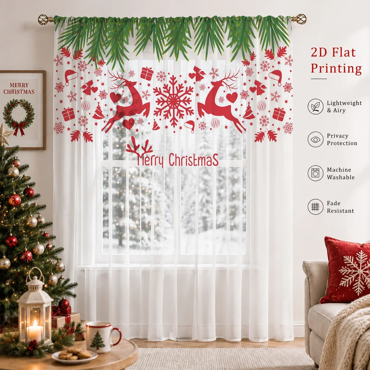 Christmas Gradient Sheer Curtain, Good Quality Light Reducing Privacy Voile for Living/Bedroom/Kids Room,Christmas's Day Gift - view 3