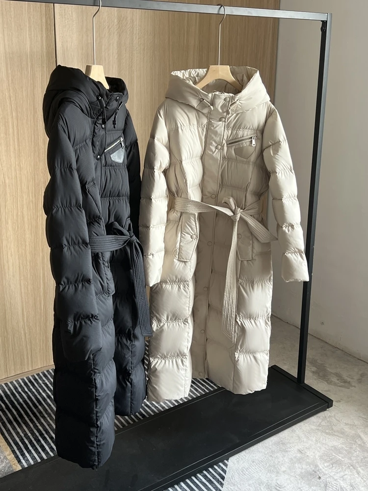 2023 New Winter Hooded Over The Knee Slim Puffer Jacket Women Waterproof Warm Thick Belted Long 90 White Duck Down Coat Parka