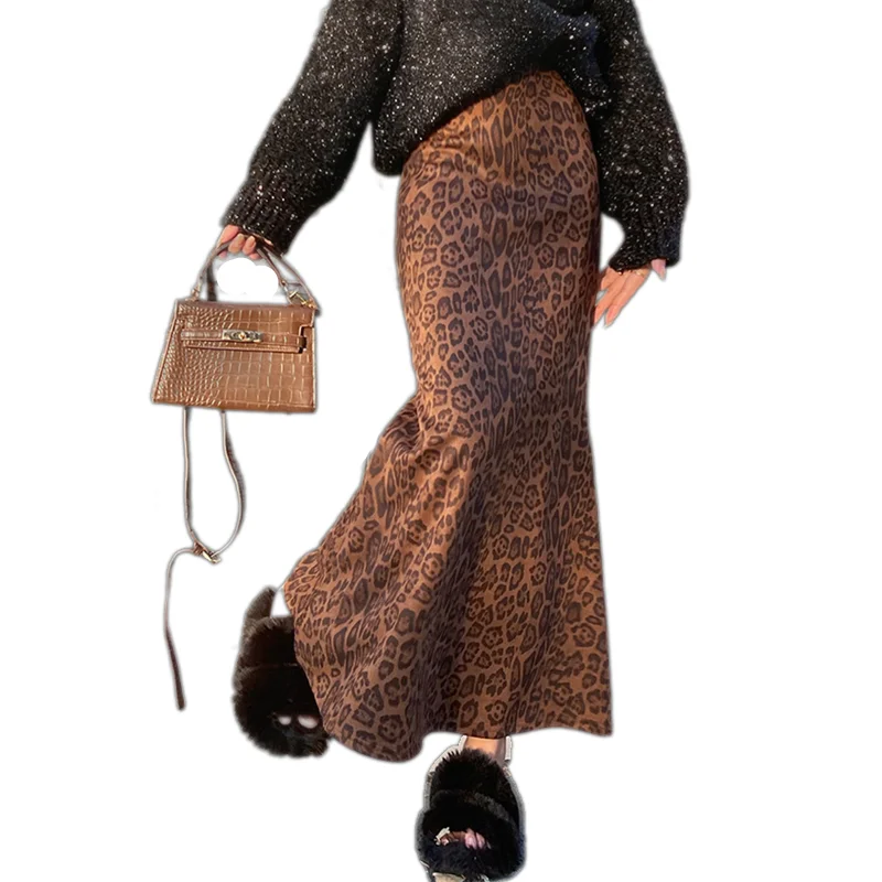 

2024 New Autumn Winter Women High Waist Slim Long Skirt High Quality Elegant Vintage Leopard Print Mermaid Hem Woolen Skirt