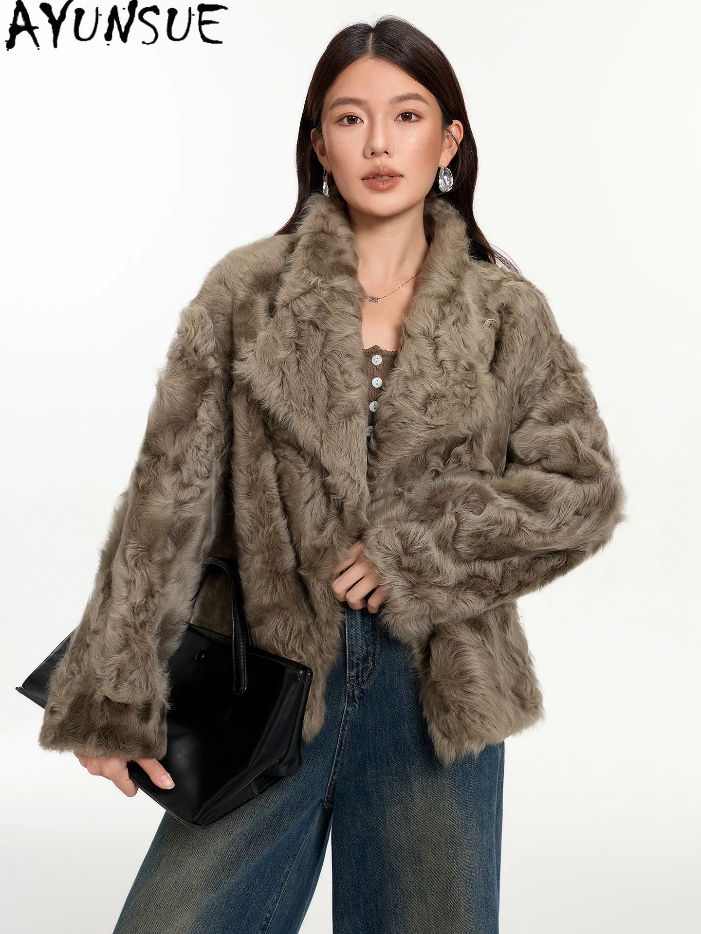 معطف فرو من جلد الغنم الطبيعي من AYUNSUE معاطف نسائية من صوف الضأن معاطف من الفرو الحقيقي ملابس شتوية من الجلد الطبيعي طراز جديد للسيدات #1