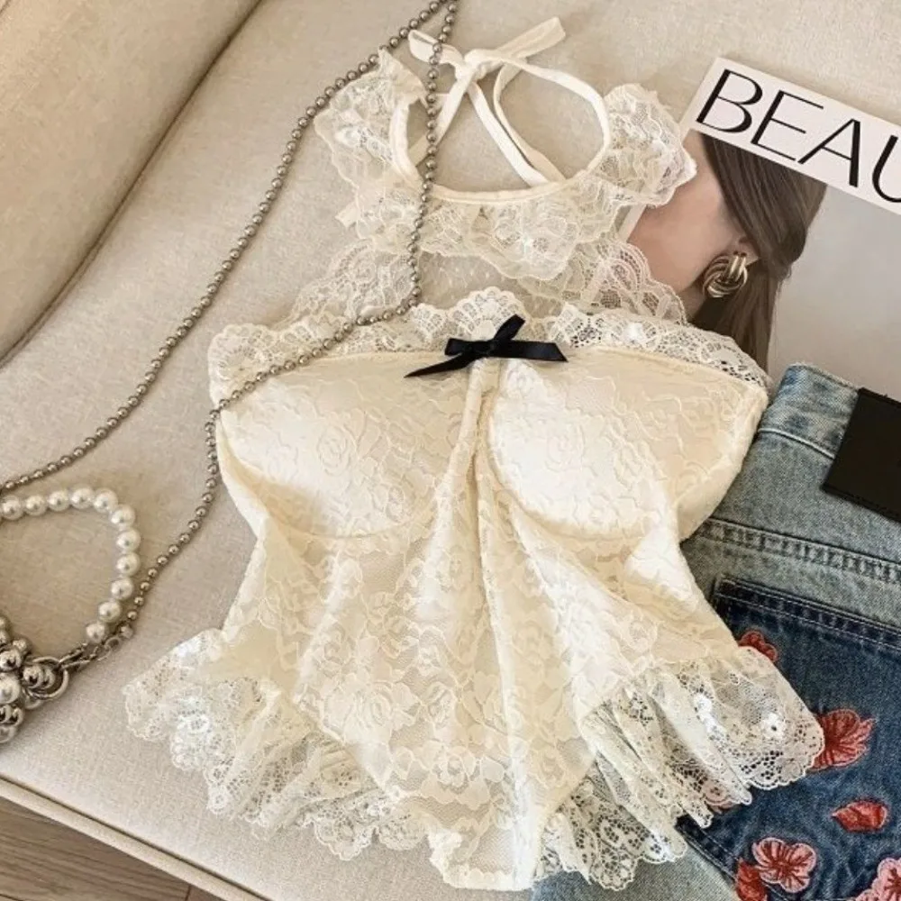 Camisole en dentelle creuse Style fille épicée, haut à col licou, Corset en dentelle, Streetwear, Slim Fit, gilet à bretelles, voyage