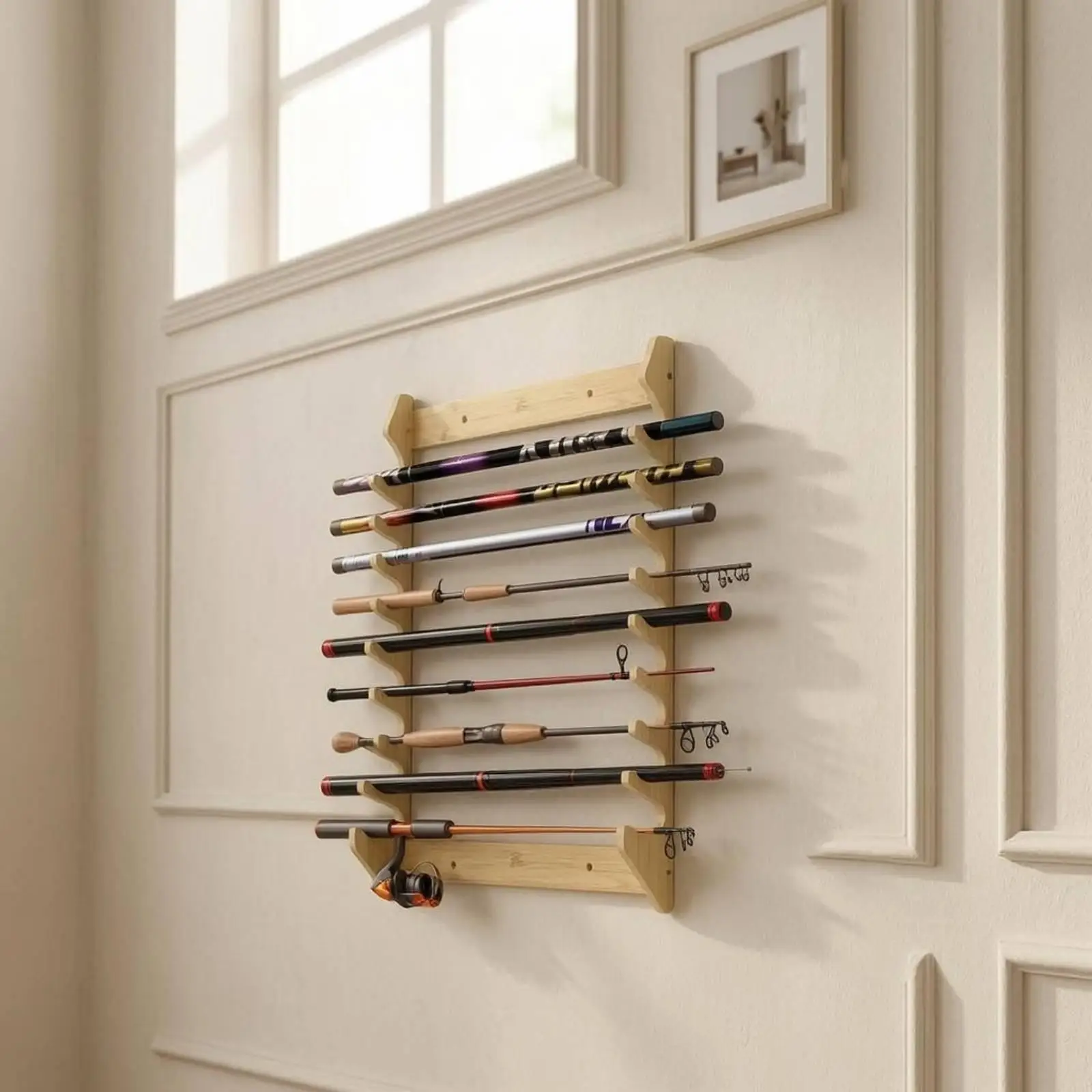 Wooden Fishing Rod Rack Wall Hanger with Open Frame Rod Support for Orderly Gear Storage and Visible Display