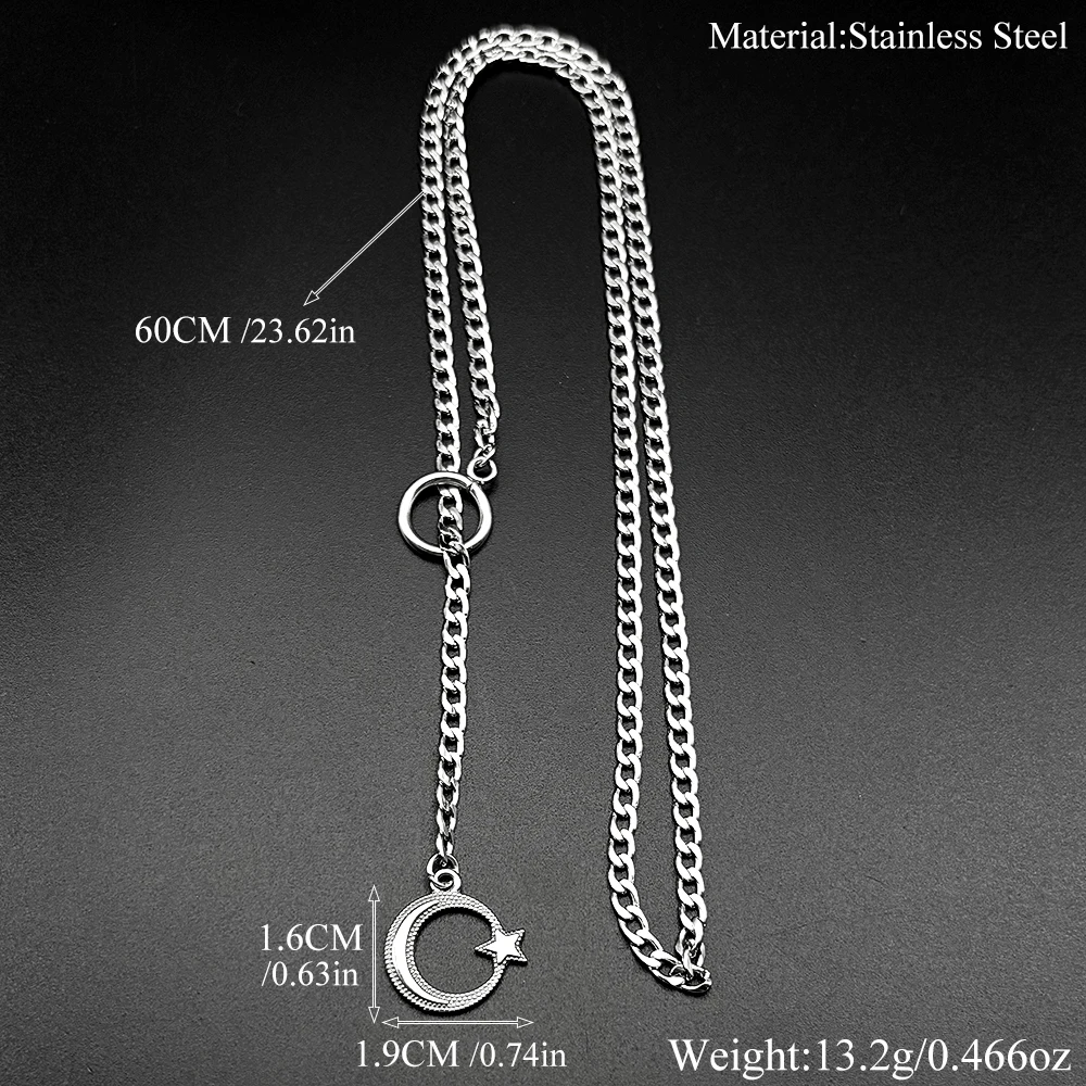 Islamischer arabischer Stern-Halbmond-Anhänger, O-Ring, lange Kette für Damen und Herren, Edelstahl, verstellbare Y-Halskette, Schmuck, Geschenk – Detail 3