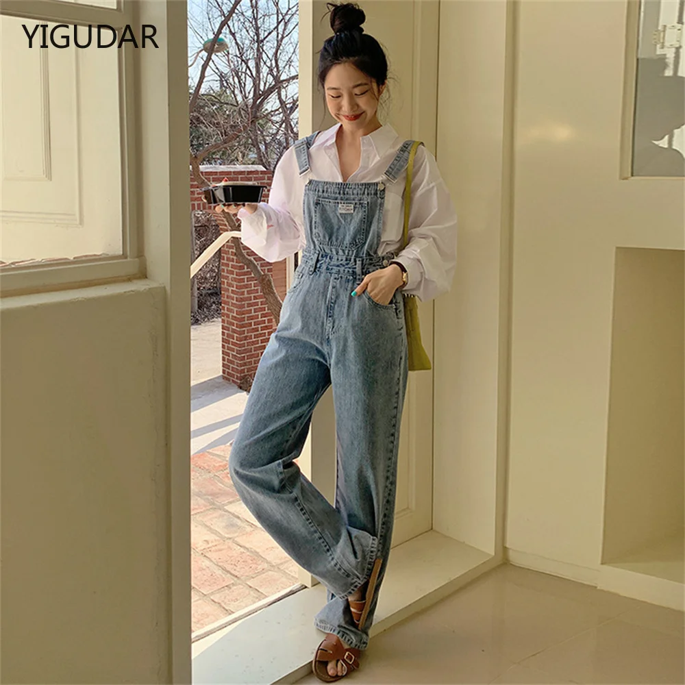 

Women Suspender Rompers Overalls 2022 Vintage Jumpsuits Playsuits Long Pockets Wide Leg Pants Combinaison Oversize