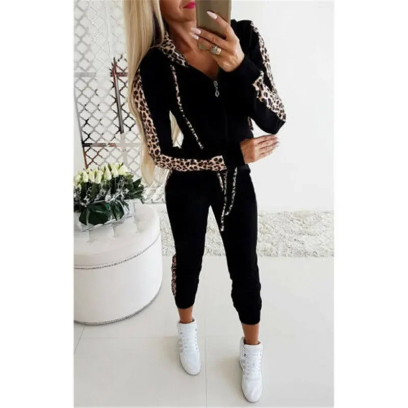 2023 Autumn Women Women Sets Ladies Sports Jogging SuitsTracksuits Set Leopard Print Hoodies Sweatshirt Crop Tops Long Pants