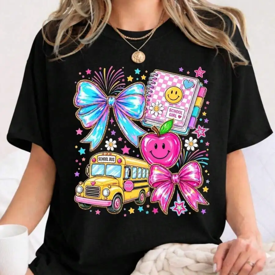 Women Trendy Girly Pink Bow Preppy Teacher Team Graphic Crewneck Short Sleeve T Shirt Fashionable Back To School Delicate Daily Classroom Outfit Everyday Wear Casual Top