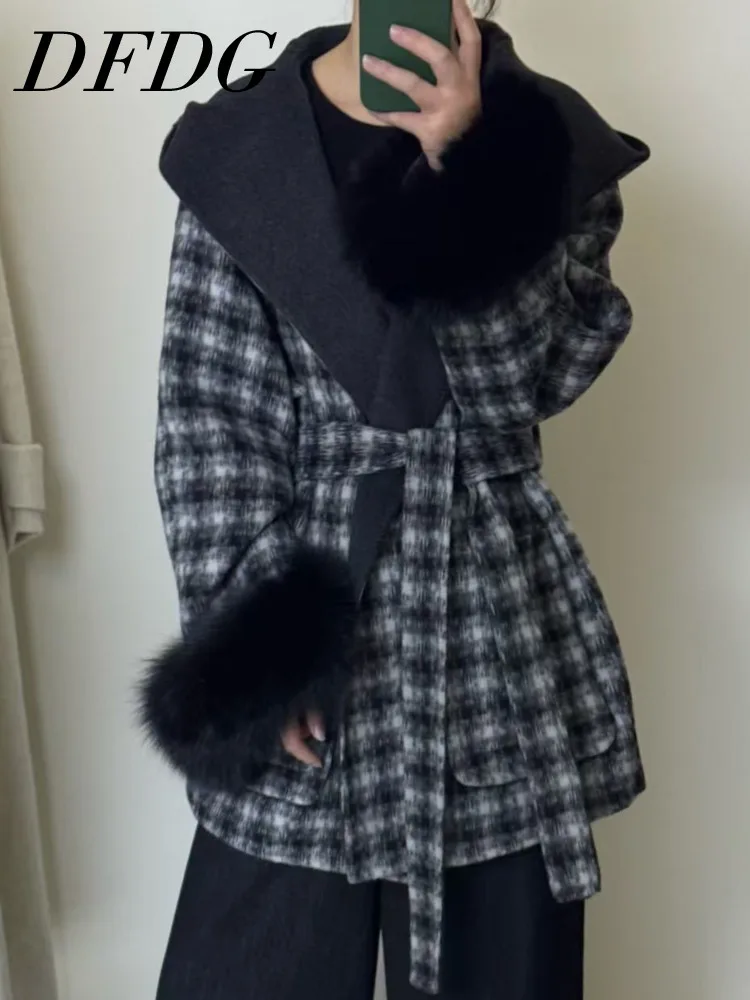 

DFDG 2025 AW Women’s Vintage Plaid Double Faced Wool Coat Korean Style Mid-Length Overcoat Designer Premium New Arrival