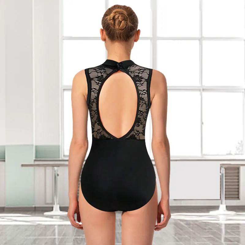 بدلة نسائية سوداء بياقة مدورة ، ملابس رقص باليه ، ربط دانتيل متين ، ظهر كبير بيضاوي الشكل ، ملابس باليه
