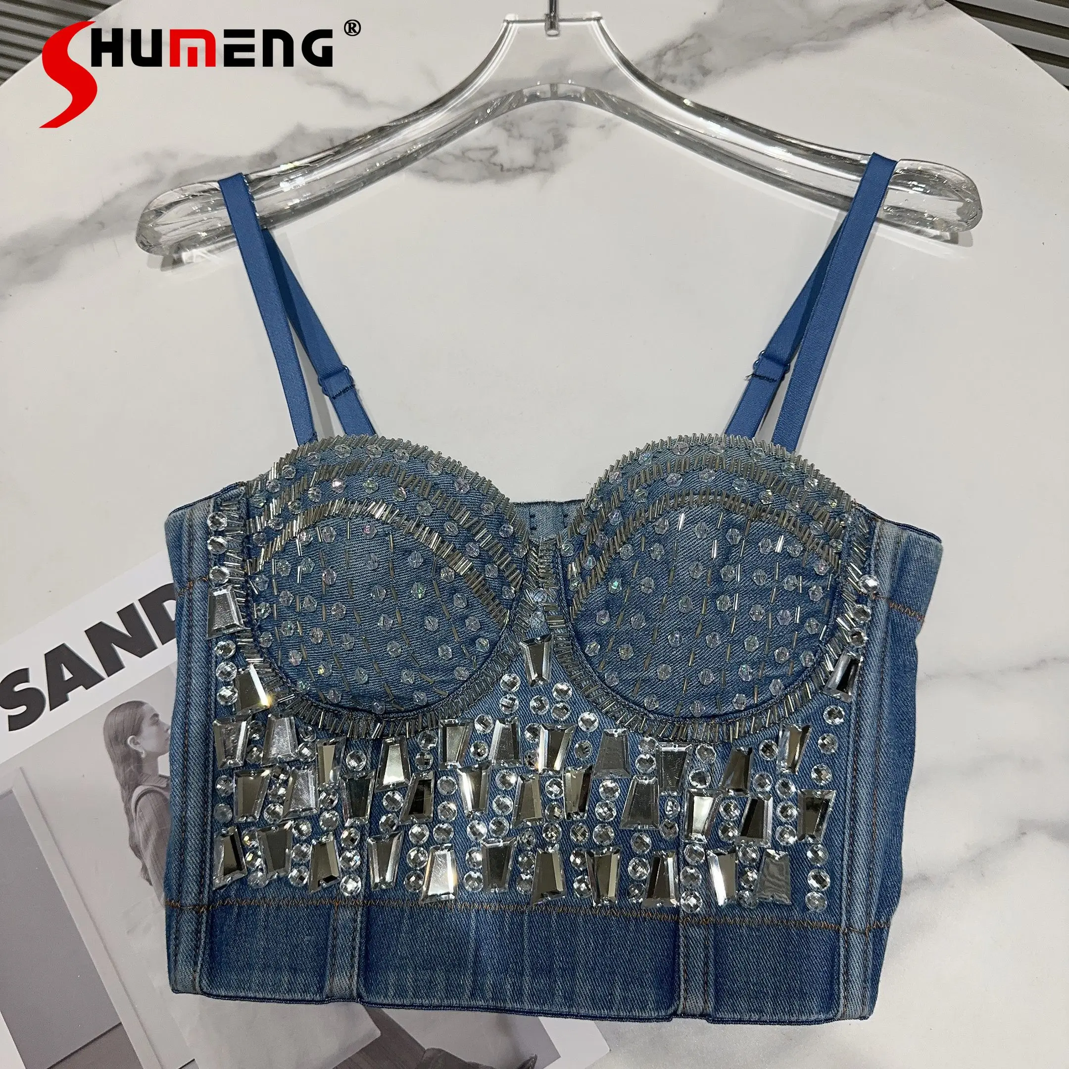 

2023 Autumn New Model Style Diamond Beaded Three-Dimensional Steel Ring Fishbone Chest Pad Denim Bra Camisole Women Y2k Crop Top