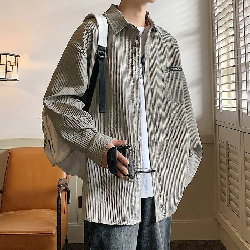 

Men's Solid Striped Blouse Men Clothing Autumn New Casual Simple Shirt Lapel Long Sleeve Streetwear Male Loose Shirts Q29