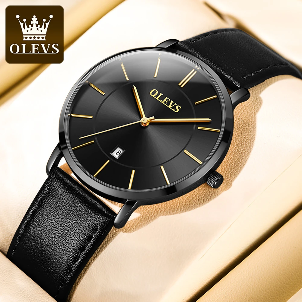 OLEVS 6.5mm Ultra Thin Quartz Watches Mens Top Brand Luxury Leather Waterproof Clock Male Classic Men Business Watch with Date