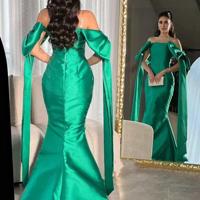 Indie Saudi Elegant Green Prom Gown Women Strapless Bow Party Evening Dress Floor Length Special Occasion Dresses Custumized