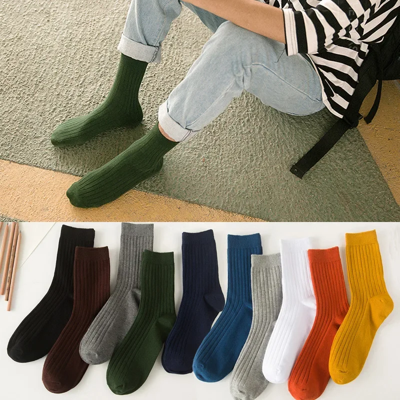 Fashion Solid Color Mens Long Socks Soft Cotton Breathable Stripe Non-slip Mid-tube Sock School Uniform Daily Wear Crew Socks