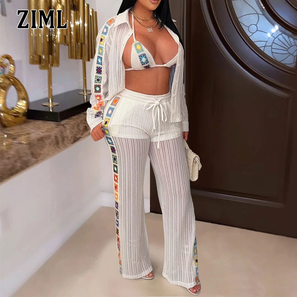

ZIML Hit Color Three Piece Sets for Women Lapel Long Sleeve Coats Sexy Vest High Waist Chic Pants Hollow Out Set Female Fashion