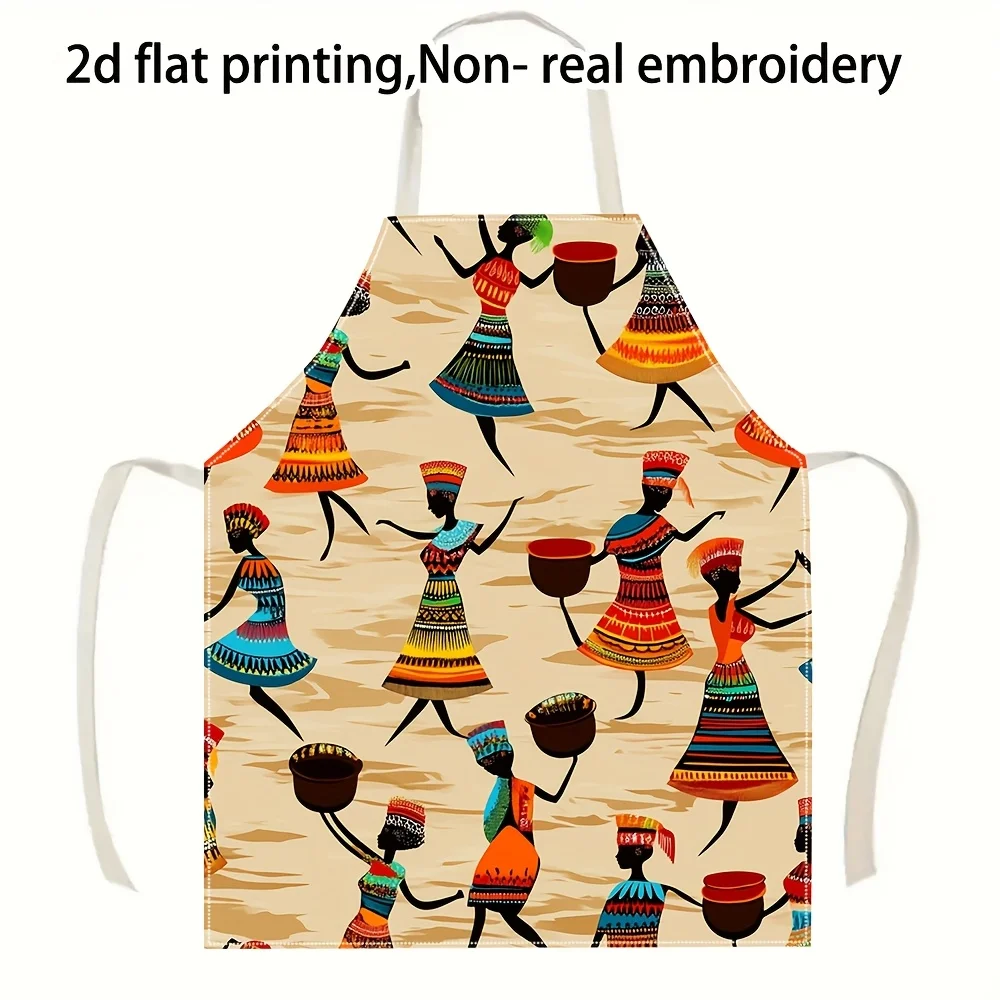 1pc Linen Apron with African Tribal Dancer Pattern Kitchen Baking Chef Apron for Women Men Ethnic Art Print Cooking Bib