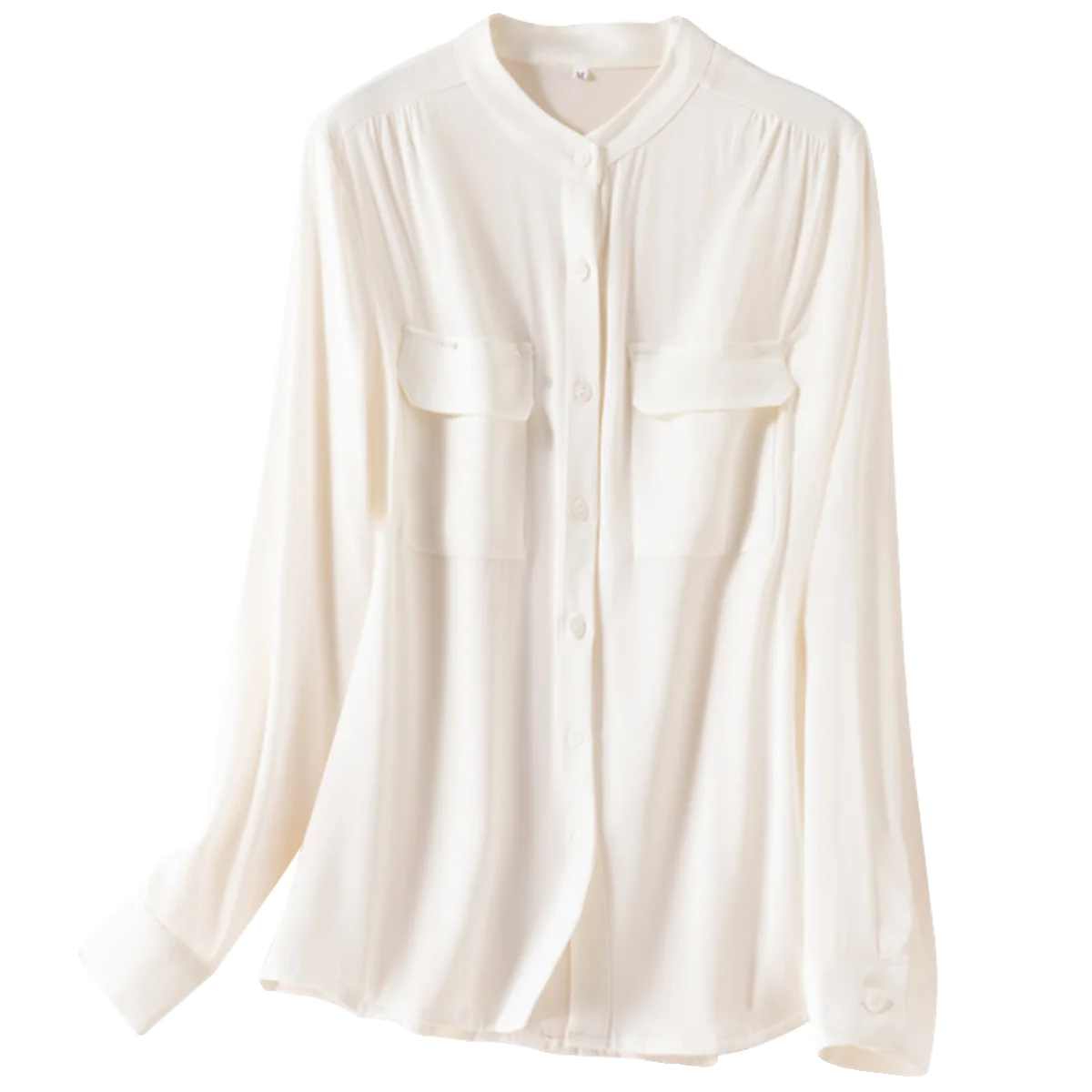 Women\'s Fashion New Style Temperament Small Stand Neck Silk Shirt Long Sleeve Design Pocket White Silk Loose Versatile Top