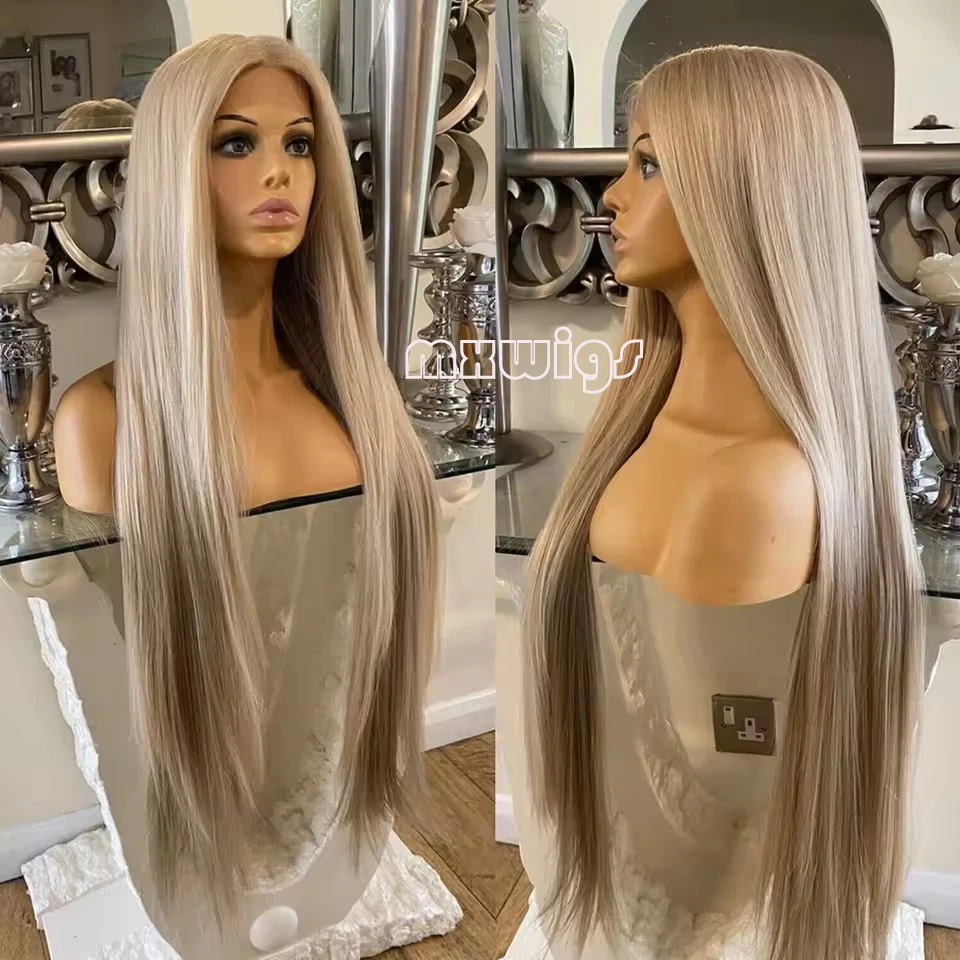 MXWIG Synthetic Hair Ash Blonde Straight Glueless  13X4 Lace Front Wig For Black Women Preplucked 26 