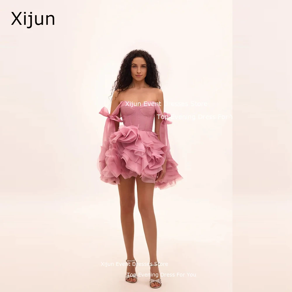 

Xijun Pink Short Organza Evening Dresses Ruched Pleats Formal Prom Dresses Celebrity Birthday Party Gowns Sweetheart Vestidos