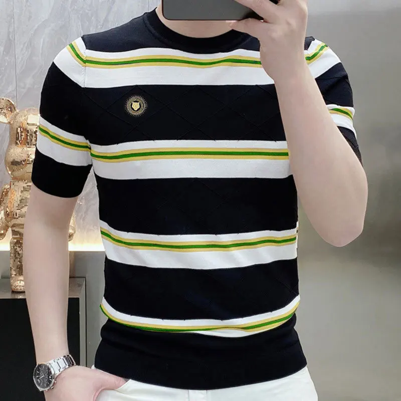 Summer New Personalized Stripes Slim Fit, Handsome, Elastic Thin, Versatile Knitted Short Sleeve Round Neck Ice Silk T-shirt