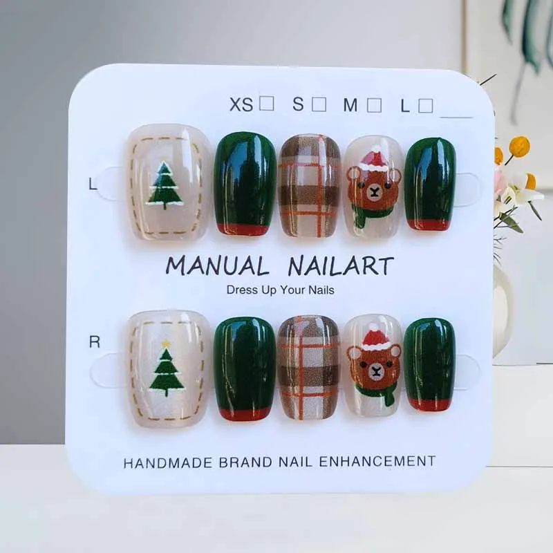 10 قطعة عيد الميلاد نصف اليدوية الصحافة على الأظافر الحلو فتاة شجرة عيد الميلاد والدب ندفة الثلج لطيف ثلج انفصال الأظافر كاذبة #4