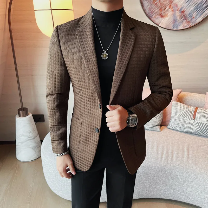 Brand Plaid Suit Jacket Men's Autumn Winter Korean Version Slim Fit Casual Business Blazers Social Wedding Groom Dress Coats